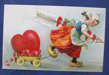 1909 Valentines Day Postcard Dutch Girl & Wagon Full of Hearts picture