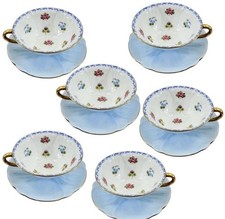 6 Sets Of Shelley Blue Oleander Wild Flowers Footed Tea Cups Saucers Gold Trim picture