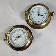 Weems and Plath Barometer and Clock Duo Brass Porthole Style West Germany  picture