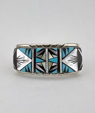 Vintage T&J Navajo Sterling Silver Multi Gemstone Flush Cuff Bracelet 48.2g picture