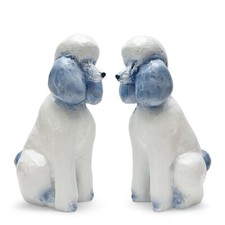 Blue & White Set Pair of 12” Poodle Dogs Figurine Statues Resin Porcelain-Look picture