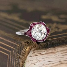 Art Deco Red Ruby Halo Diamond Vintage Style Ring In 14k White Gold Plated picture