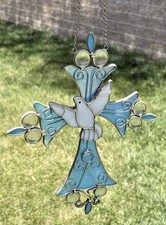 Artisan Stained Glass Sun-catcher Christian Cross & Dove Blue White 11