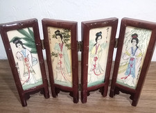 Vintage Chinese 4 Panel Mini Folding Screen Women Birds Flowers Double Sided picture
