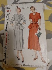 Vintage 1948 Simplicity 2393 Two Piece Dress.  Size 16  Bust 34  Hip 37 picture