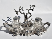 Impressive Figural Antique Silver Plate & Cut Crystal Desk Stand, Double Inkwell picture