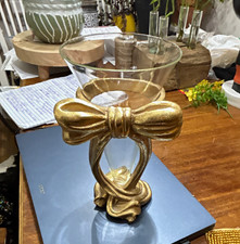 Vintage Gold Gilt Bow Stand holding removable flared glass cone vase insert picture