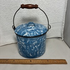 Vntg Blue Swirl Enamelware Graniteware Berry Bucket Miners Lunch Pail W Bail EX picture