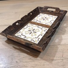 Vintage 2 Tile Trivet Tray Carved Wood Frame Art Brown Tan Serving 13