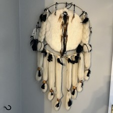 VTG Huge Native American Dream Catcher  Art Fur, Wool, and Feathers  40” picture