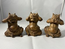 Vintage 3 wise Japanese Hear Speak See No Evil Hand Carved Wood Statue Trinkets picture