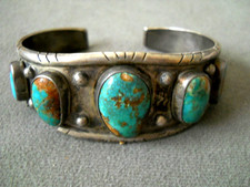 Southwestern Native American Navajo Turquoise Row Sterling Silver Cuff Bracelet picture
