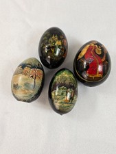 Vintage Russian Hand Painted Lacquer Wood Eggs Set of 4 Winter Scenes Folk Art picture