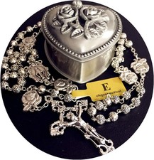 HANDMADE 925 Silver Rose Beads Catholic 5-Decade Rosary with Cross Gift Box Ital picture