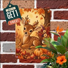 Autumn Fawn Harvest Basket Metal Tin Sign Cute Deer Pumpkins Wall Decor picture