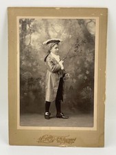 Antique Photo Boy Edwardian Jacket Hat Fishing Weird Studio CDV Cabinet Card 5x7 picture