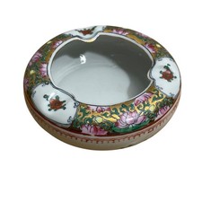 Vtg Macau Hand Painted Chinese Porcelain Floral Ashtray Trinket Dish 4.5” Signed picture