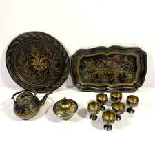 VTG 10 pc India Brass Etched Mini Set - Teapot, Trinket Dish, Goblets, Tin Trays picture