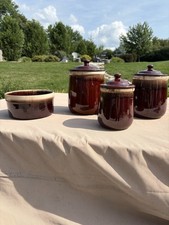 McCoy Pottery Brown Drip Glaze Canister Jar w/ Lid #135, 133, 131 Bowl #144 picture
