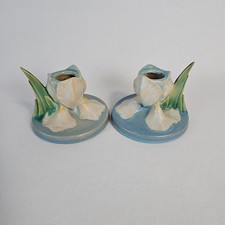 Vintage Roseville Iris 1939 Art Deco Pottery Ceramic Candle Holder Set Of 2 picture