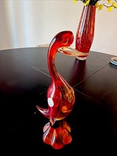 Murano Long Neck Duck Goose Clear Crystal Art Glass  Figurine Original Tag Red picture
