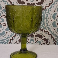 Vintage FTD Green Glass Leaf Pattern Vase Goblet Stemware Floral Round 6.25” picture