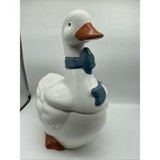 Vintage Ceramic Goose Cookie Jar White Blue Bow 13