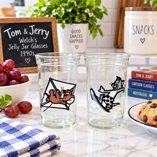 Vintage 1990s Tom & Jerry Welch’s Jelly Jar Glasses Set of 2 Cartoon Collectible picture