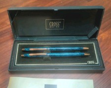 Vintage Cross Century  Marbled Teal Ballpoint Pen & Pencil Set With Case RARE picture