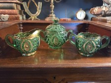 EAPG Northwood Green Glass Sugar Bowl And Creamer Set With Open Bowl picture