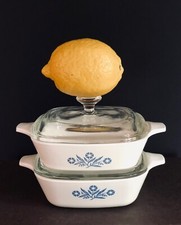 Vtg CORNING WARE Cornflower 2 PETITE PANS + 2 RARE PYREX GLASS LIDS P-41 GC USA picture