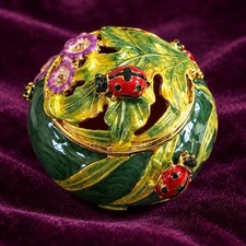 Bejeweled ladybug on leaf Hinged Metal Enameled Crystal Trinket box, Handmade picture