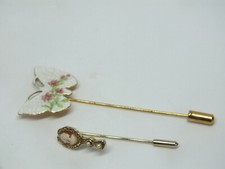 Beautiful Brooch Stick Pin Set 2 Butterfly Cameo Enamel Faux Pearls 1 3/4 & 2 3/ picture