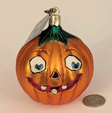 Vintage OWC old world jack-o'-lantern pumpkin glitter glass ornament Xmas tree picture