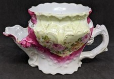 Victorian Porcelain Shaving Scuttle Mug - Green & Pink With Rose Detail picture