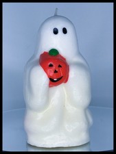 Halloween Ghost Holding Jack o Lantern Pumpkin Wax Candle 5 1/2