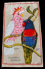 NWOT Linen Tea Towel Wall Art AUSTRALIAN PINK COCKATOO AND RAINBOW LORIKEET picture
