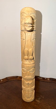 Vintage Hand Carved Wooden Totem Pole. Raven, Fish - 12” picture