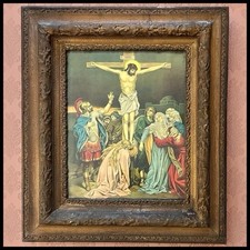 Antique Victorian Crucifixion Jesus Christ Chromolithograph Framed Catholic Art picture