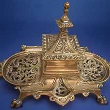 Antique  Heavy Brass  Inkwell Letter Stand Desk Set picture