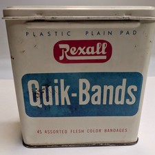 c1950s Vtg Rexall Quik-Bands Bandage Tin Pharmacy Apothecary Drug Store Decor picture