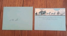 Vtg ART DECO Christmas Card 4.5x3.4 Blue Card w/horse carriage- Merry Christmas  picture