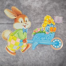 Vintage Bunny With Wheelbarrow Chick Die Cut Easter Decor picture