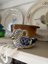 VTG Henriot Quimper Open Salt Cellar French Faience Majolica Double Swans Signed picture