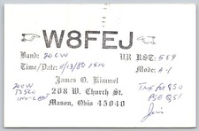 1980 W8FEJ QSL Postcard - Kings Mountain Stamp, Mason OH to Waukesha WI A26 picture