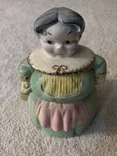 Vintage COOKIE JAR Granny Rolling Pin Brush Pottery USA Rare 11” Gold Trim picture