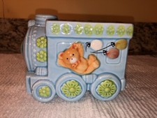 Vintage Relpo #T-1135 Blue Train With Bear And Balloons Ceramic Planter Sticker picture
