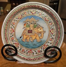 Vintage Rajasthani Hand-Painted Marble Plate Royal Elephant Procession Art 9