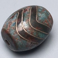Tibetan Filed Silver-Inlaid Cinnabar Water-Wave Horseshoe Weathering Old DziB561 picture