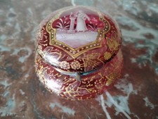 Bohemian hand painted cranberry glass dresser trinket box Mary Gregory style picture